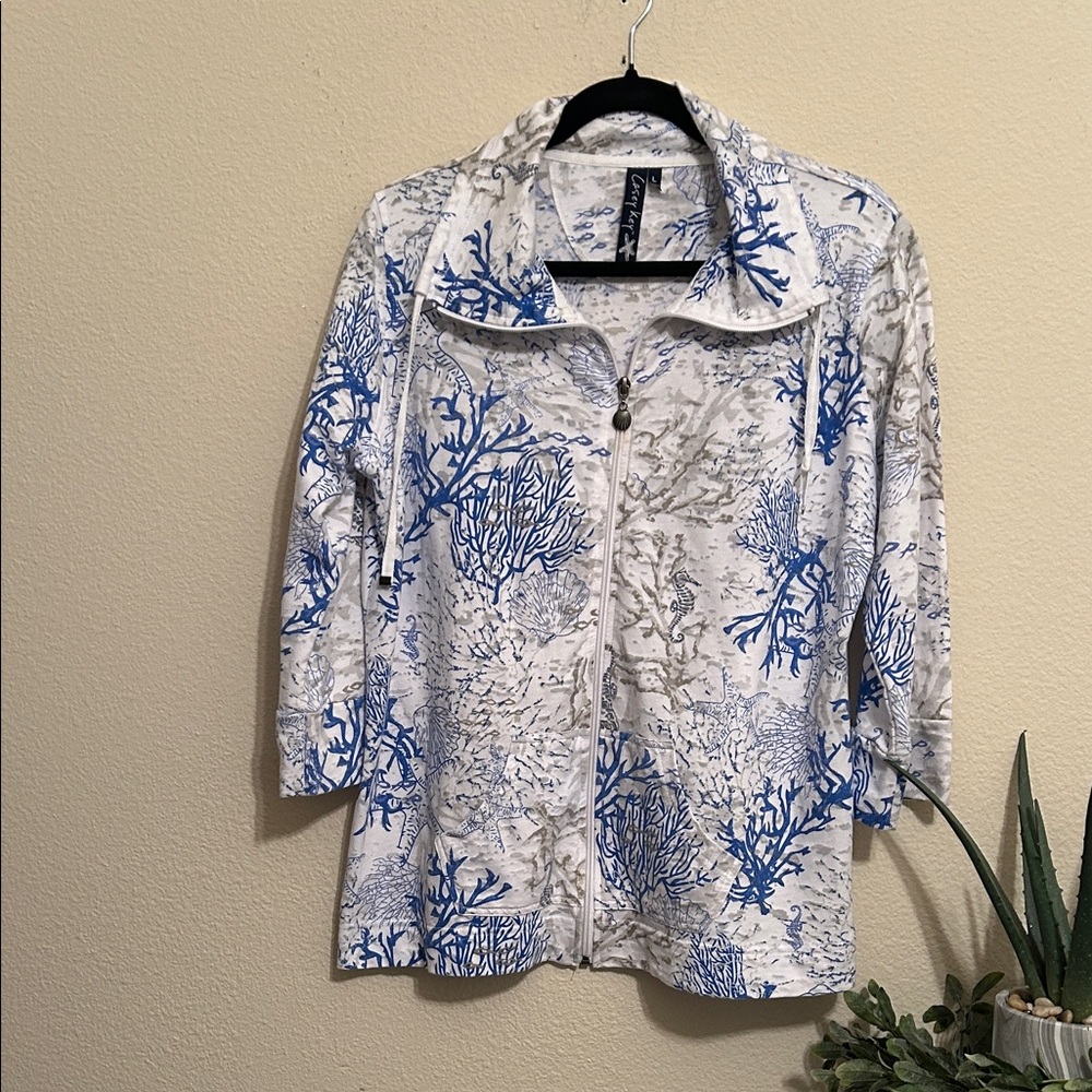 Casey Key Blue and White Coral Print Women's Zippered Jacket.